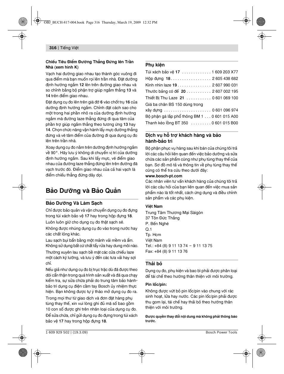 Bωo dõîng vμ bωo quωn | Bosch GLL 2-50 Professional User Manual | Page 316 / 333