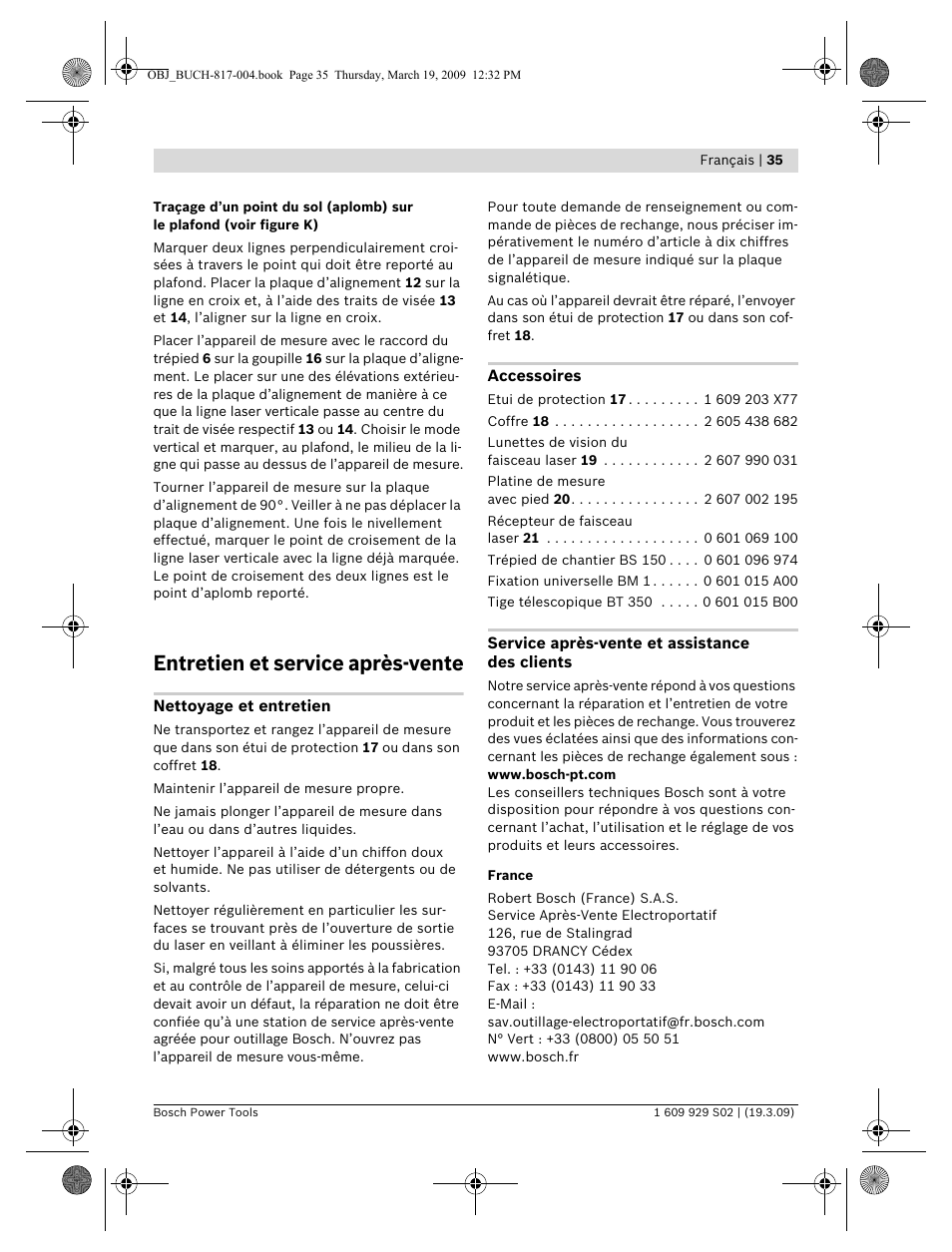 Entretien et service après-vente | Bosch GLL 2-50 Professional User Manual | Page 35 / 333