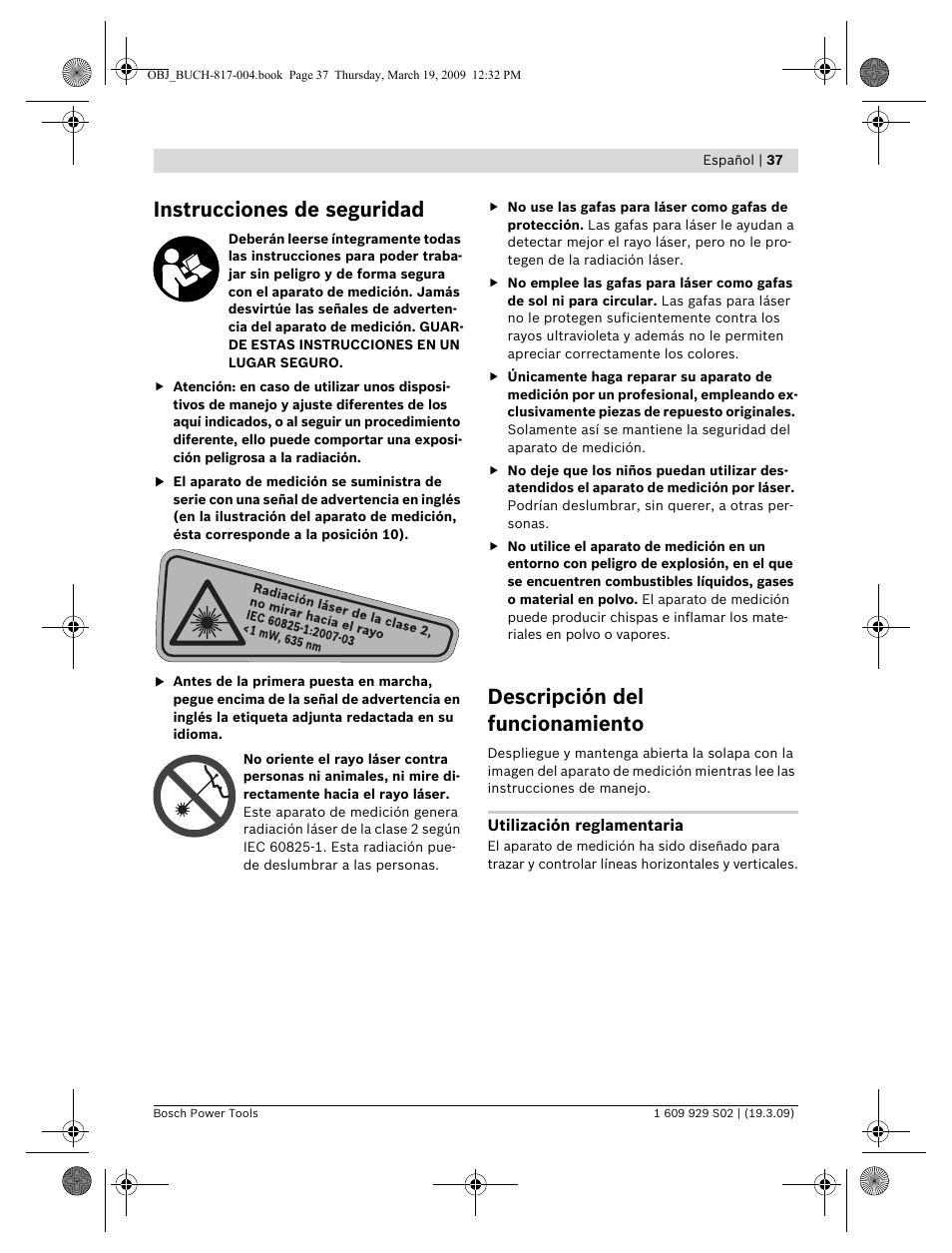 Instrucciones de seguridad, Descripción del funcionamiento | Bosch GLL 2-50 Professional User Manual | Page 37 / 333