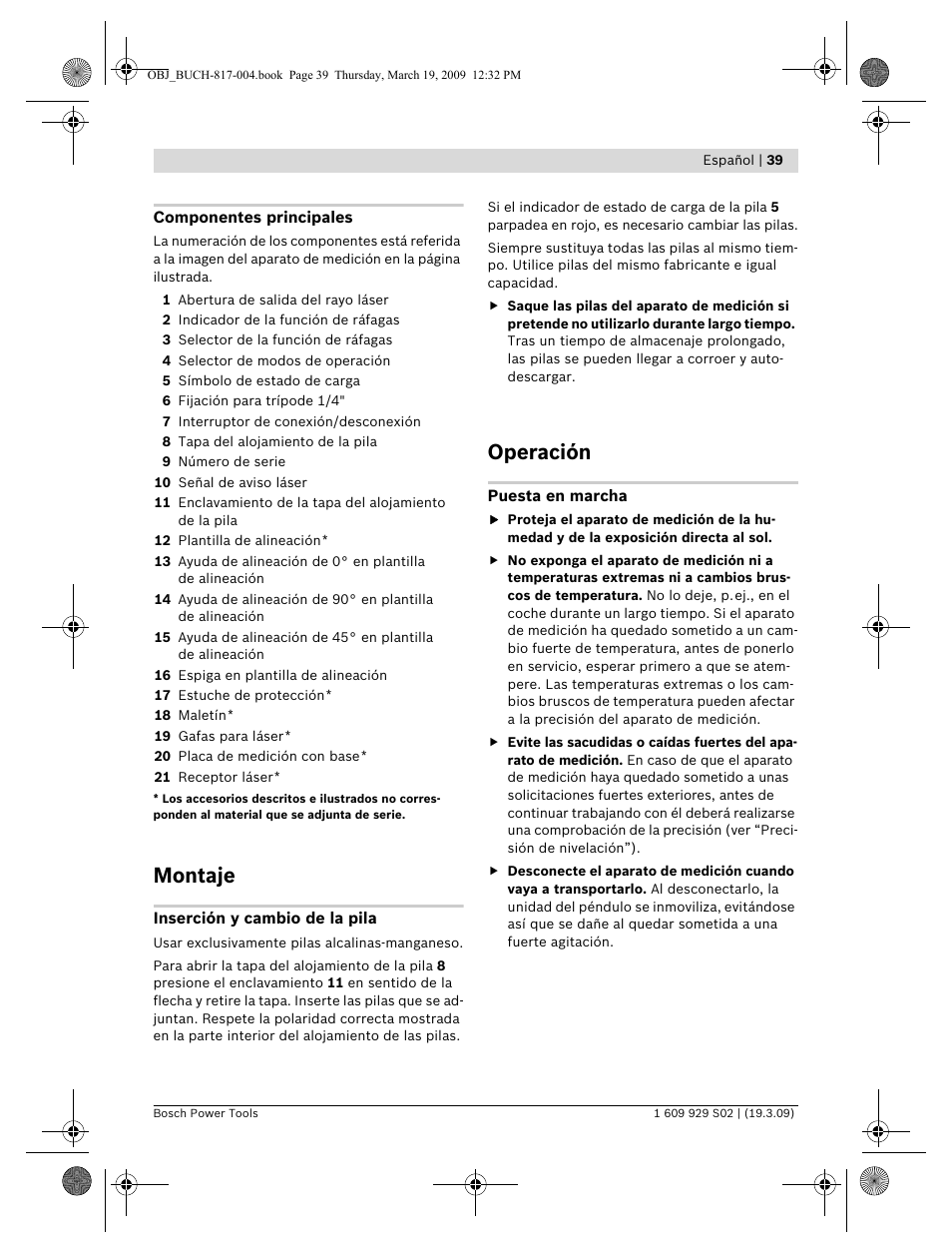 Montaje, Operación | Bosch GLL 2-50 Professional User Manual | Page 39 / 333