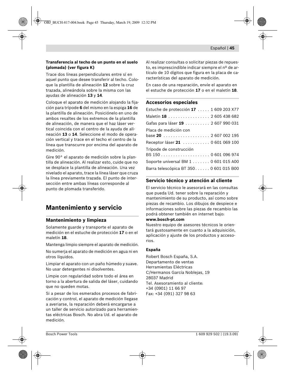 Mantenimiento y servicio | Bosch GLL 2-50 Professional User Manual | Page 45 / 333