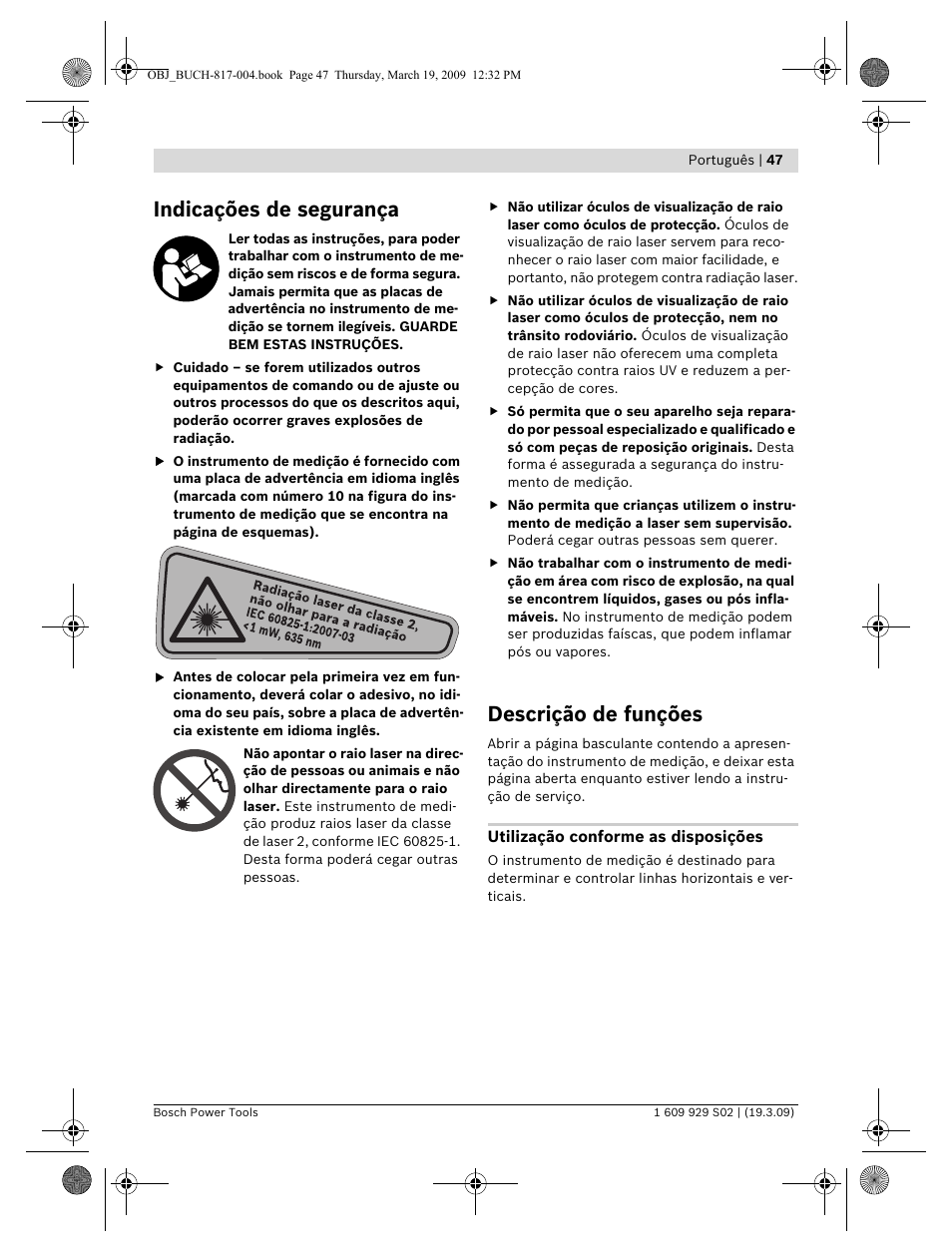 Indicações de segurança, Descrição de funções | Bosch GLL 2-50 Professional User Manual | Page 47 / 333