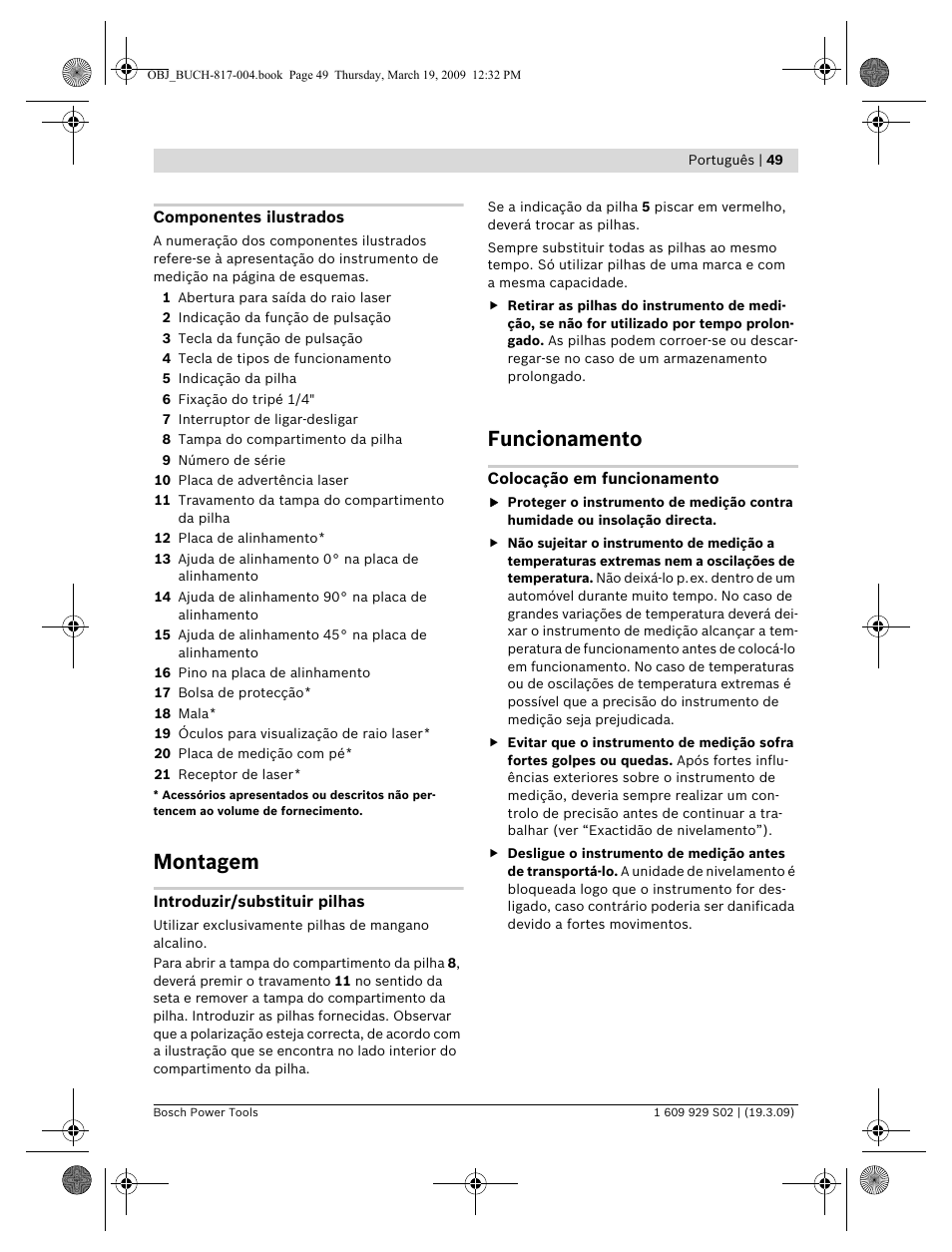 Montagem, Funcionamento | Bosch GLL 2-50 Professional User Manual | Page 49 / 333