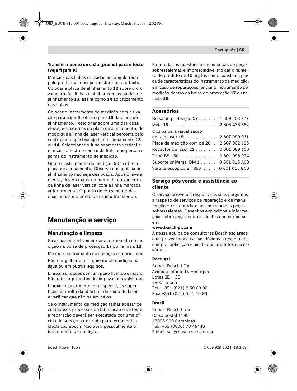 Manutenção e serviço | Bosch GLL 2-50 Professional User Manual | Page 55 / 333