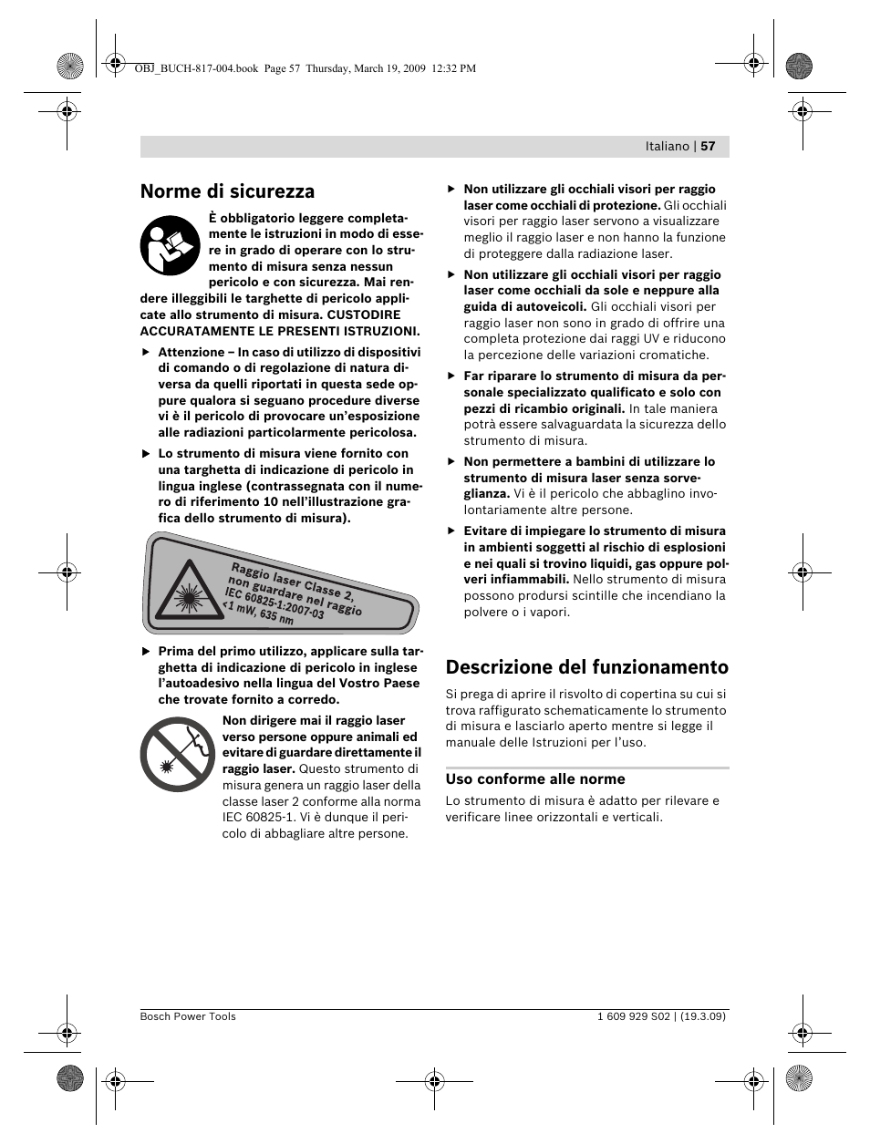 Norme di sicurezza, Descrizione del funzionamento | Bosch GLL 2-50 Professional User Manual | Page 57 / 333