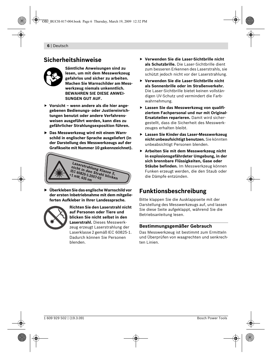 Sicherheitshinweise, Funktionsbeschreibung | Bosch GLL 2-50 Professional User Manual | Page 6 / 333