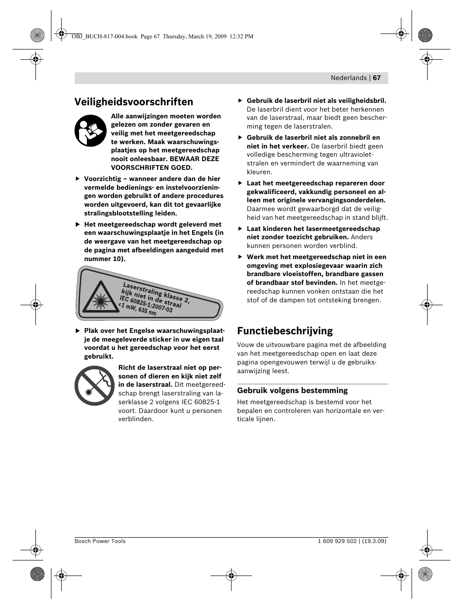 Veiligheidsvoorschriften, Functiebeschrijving | Bosch GLL 2-50 Professional User Manual | Page 67 / 333