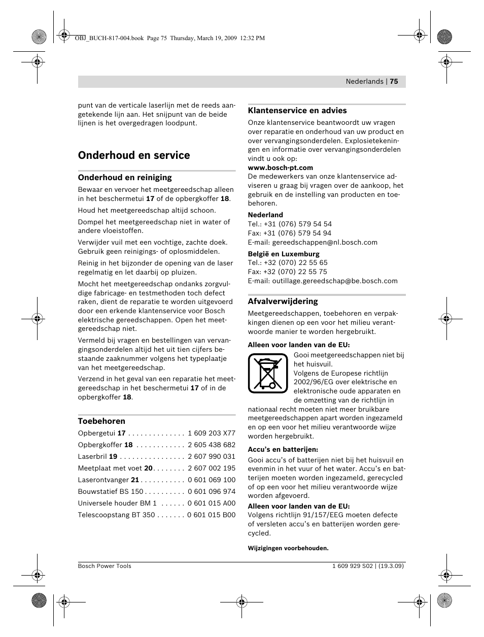 Onderhoud en service | Bosch GLL 2-50 Professional User Manual | Page 75 / 333
