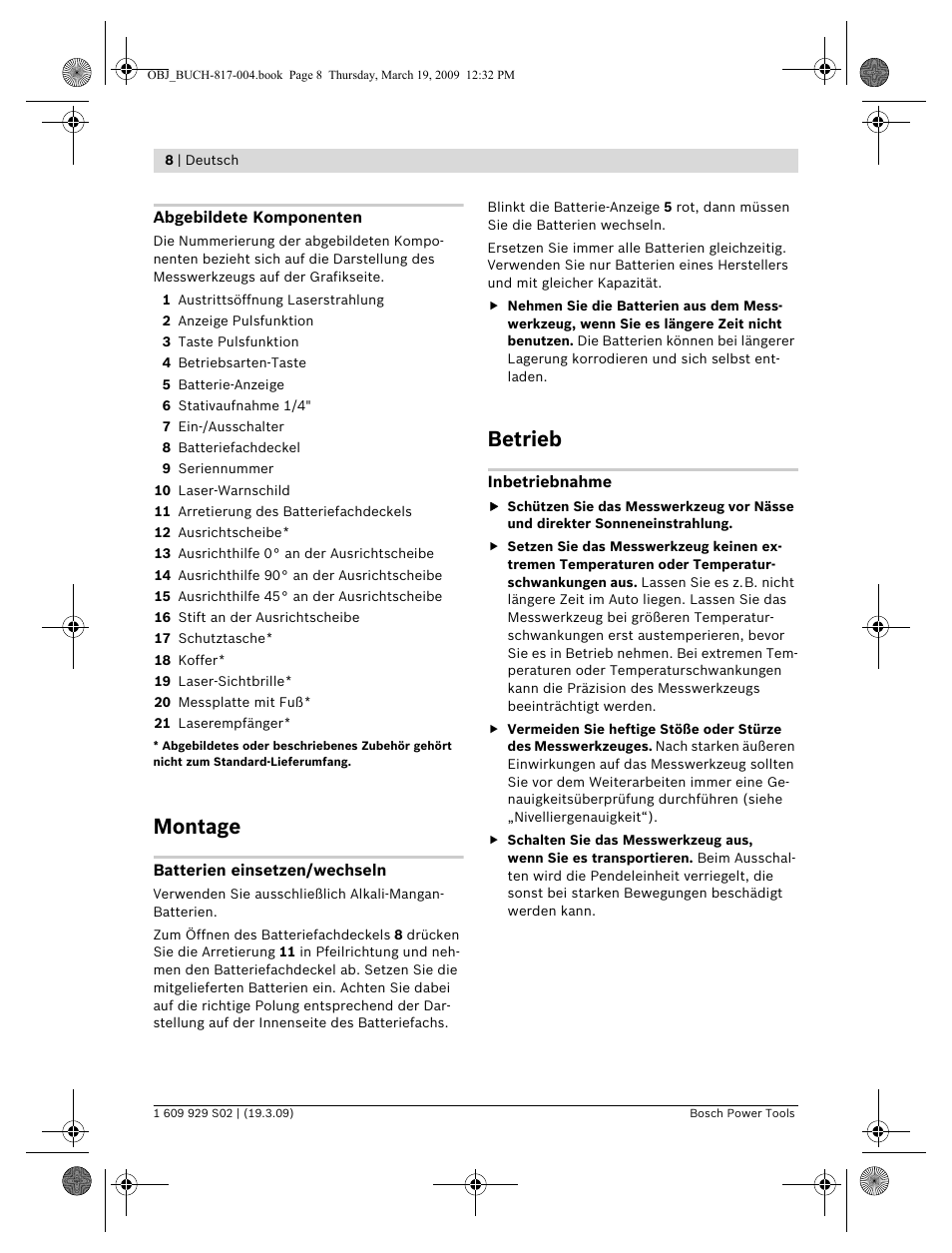 Montage, Betrieb | Bosch GLL 2-50 Professional User Manual | Page 8 / 333