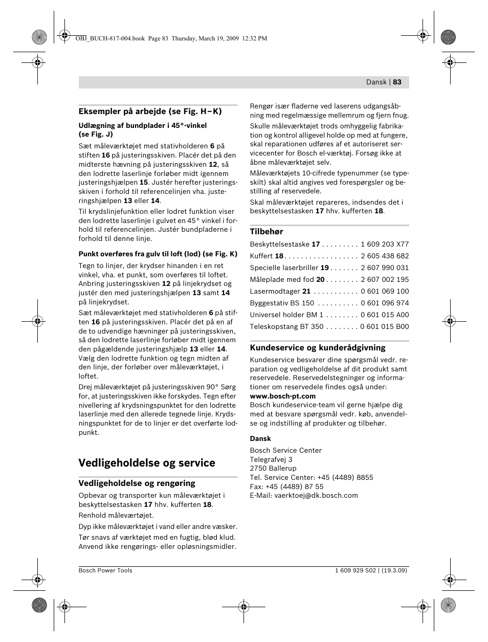 Vedligeholdelse og service | Bosch GLL 2-50 Professional User Manual | Page 83 / 333