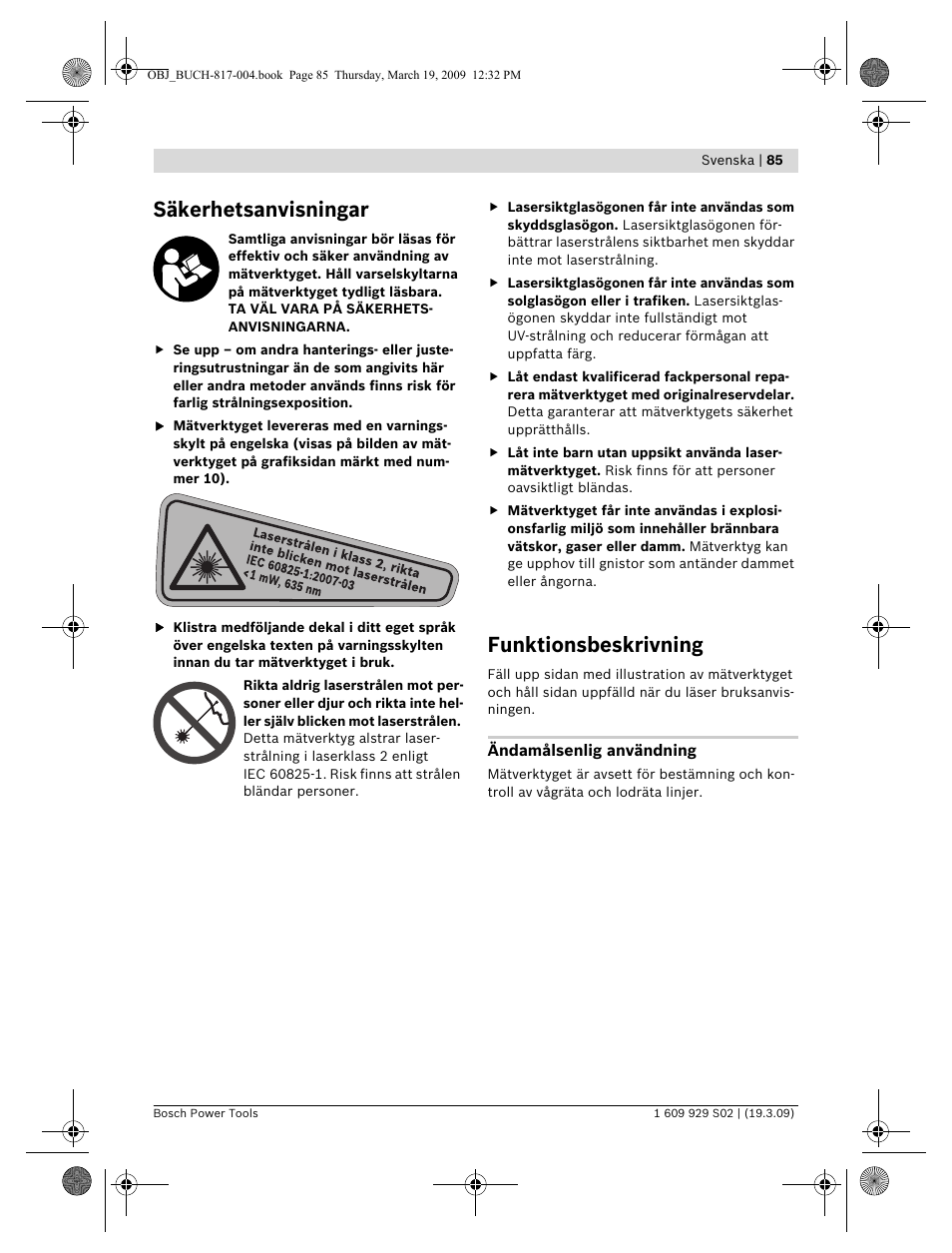 Säkerhetsanvisningar, Funktionsbeskrivning | Bosch GLL 2-50 Professional User Manual | Page 85 / 333