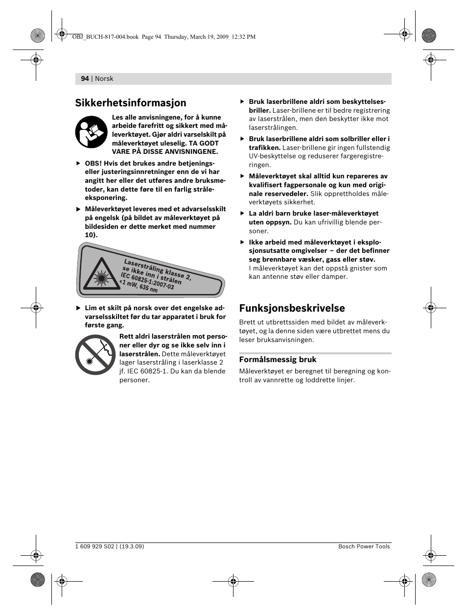 Sikkerhetsinformasjon, Funksjonsbeskrivelse | Bosch GLL 2-50 Professional User Manual | Page 94 / 333