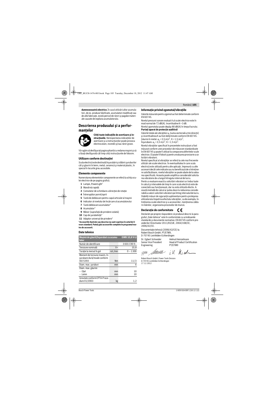 Descrierea produsului şi a perfor- manţelor | Bosch GWB 10,8-LI Professional User Manual | Page 105 / 153
