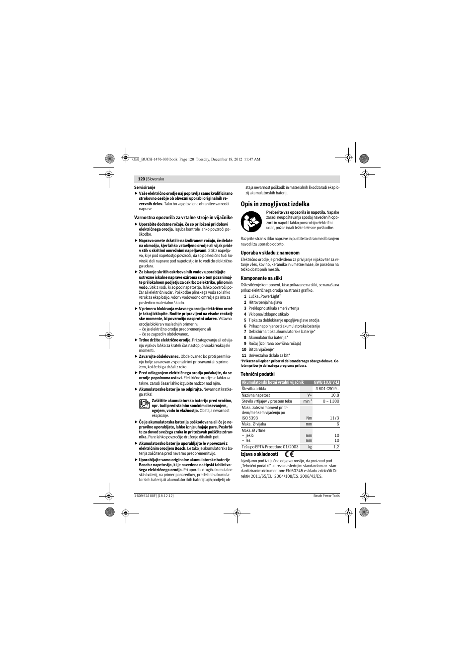 Opis in zmogljivost izdelka | Bosch GWB 10,8-LI Professional User Manual | Page 120 / 153