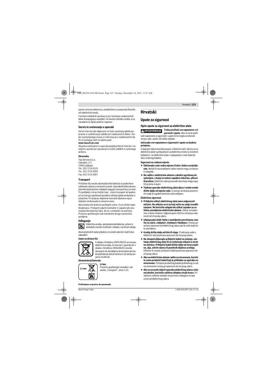 Hrvatski, Upute za sigurnost | Bosch GWB 10,8-LI Professional User Manual | Page 123 / 153