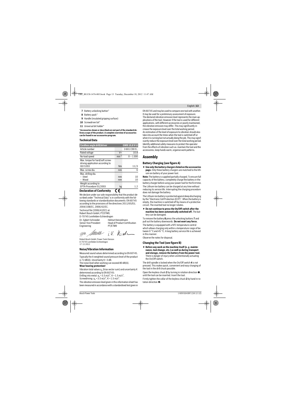 Assembly | Bosch GWB 10,8-LI Professional User Manual | Page 13 / 153