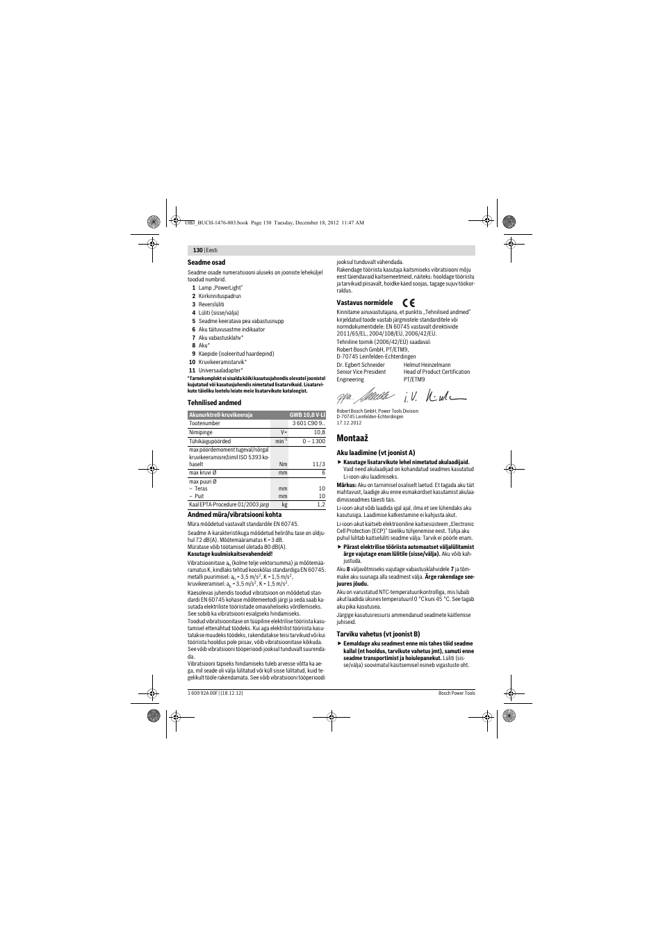 Montaaž | Bosch GWB 10,8-LI Professional User Manual | Page 130 / 153