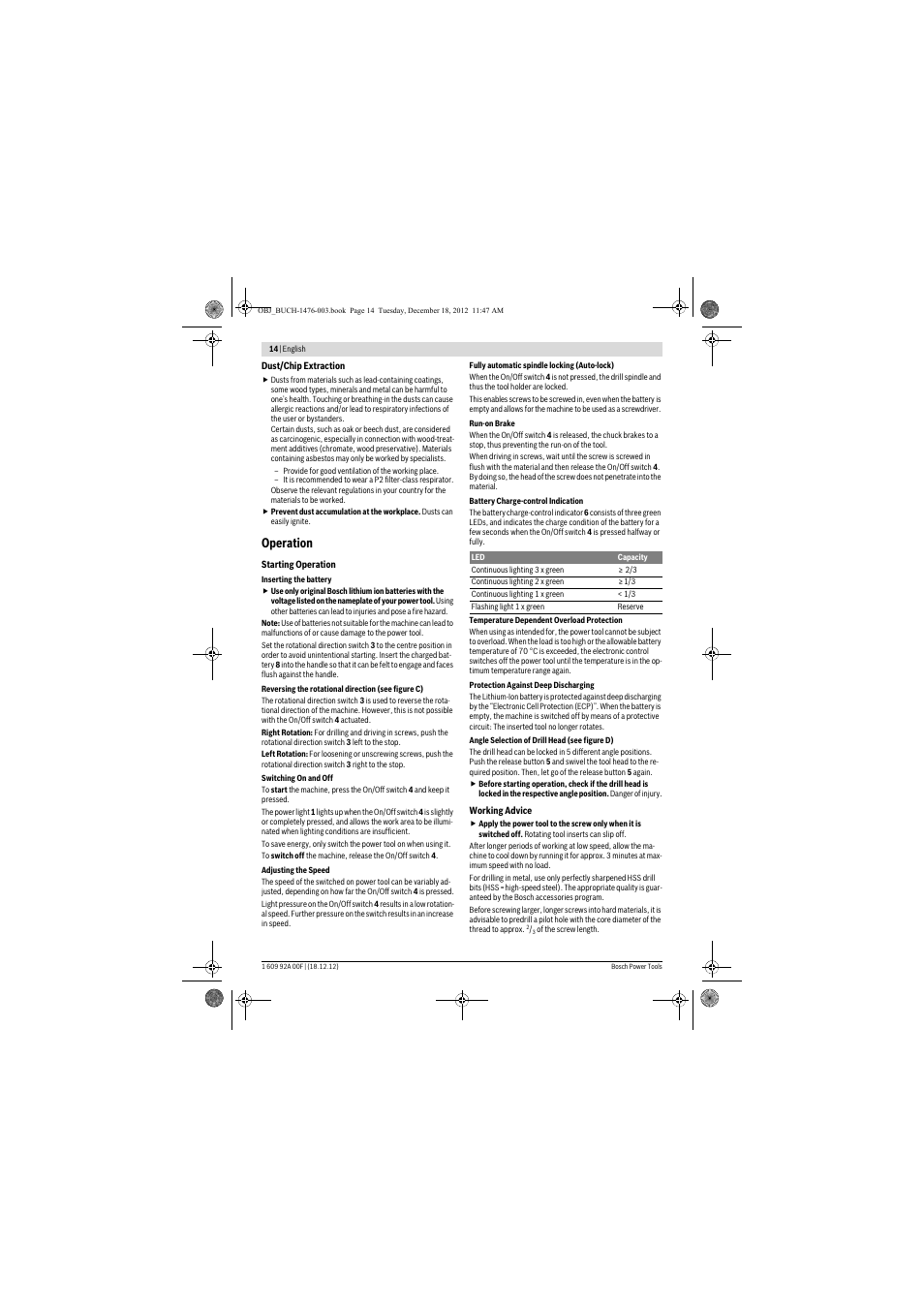 Operation | Bosch GWB 10,8-LI Professional User Manual | Page 14 / 153