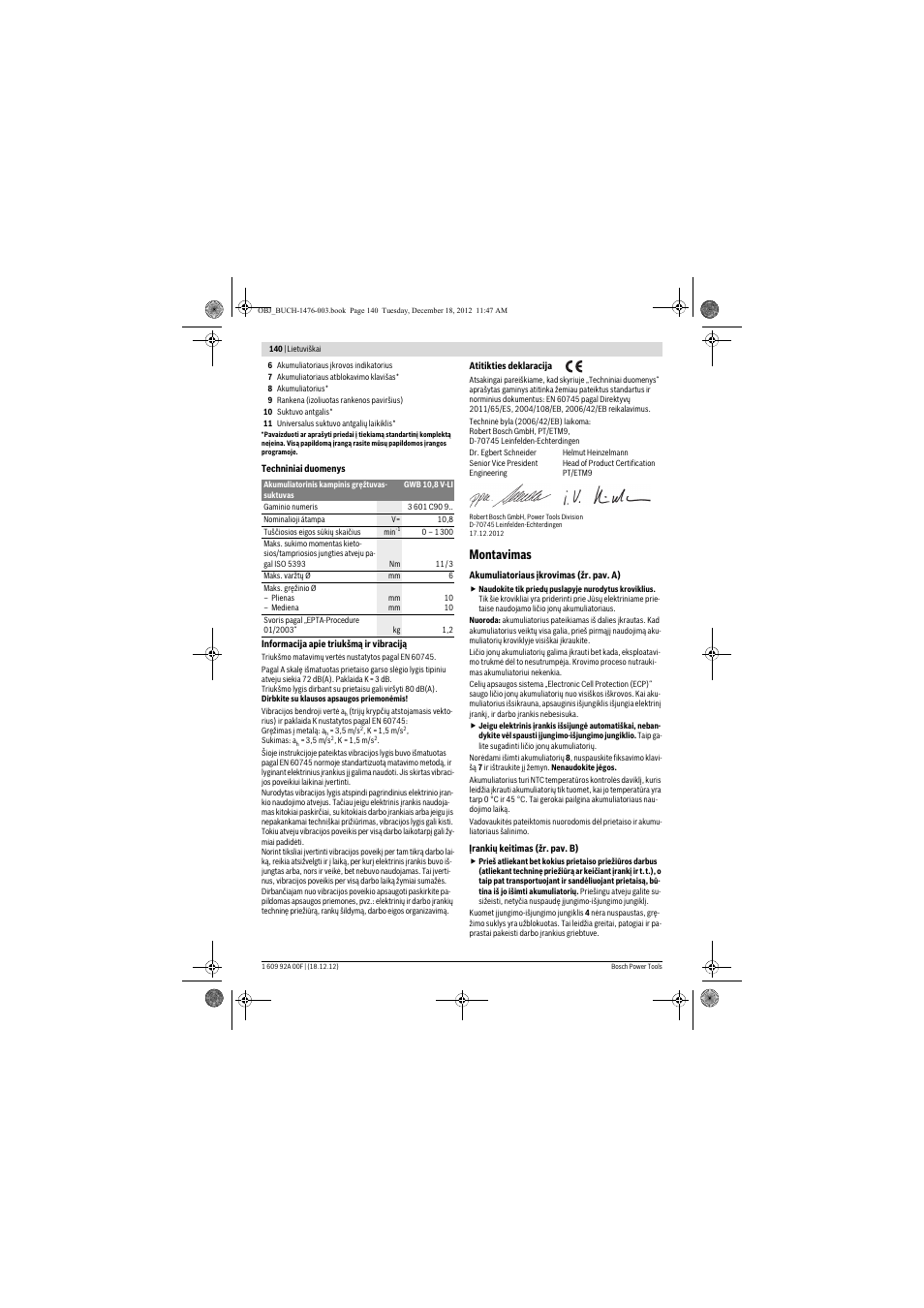 Montavimas | Bosch GWB 10,8-LI Professional User Manual | Page 140 / 153