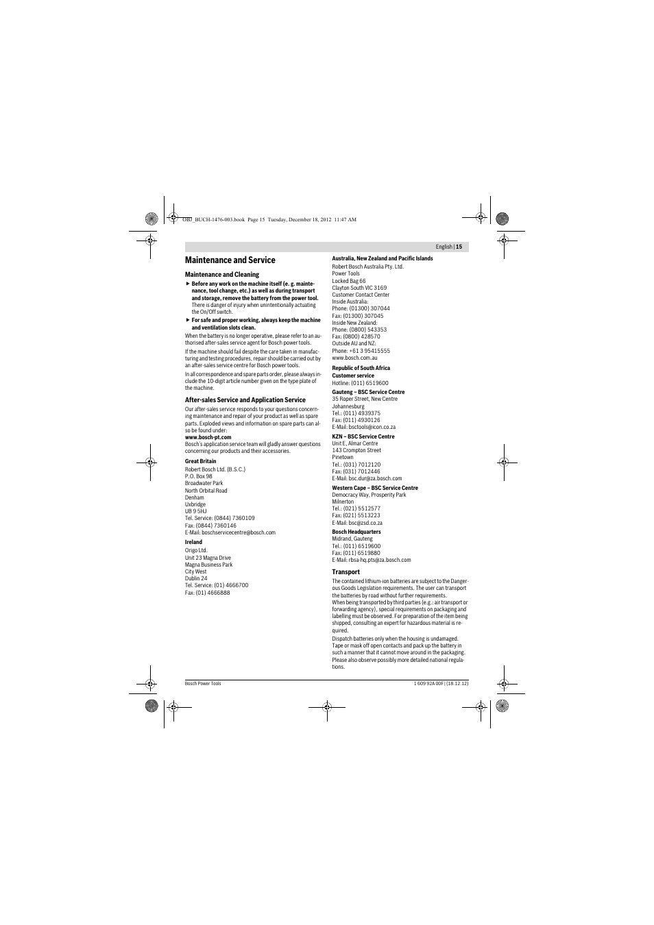 Maintenance and service | Bosch GWB 10,8-LI Professional User Manual | Page 15 / 153