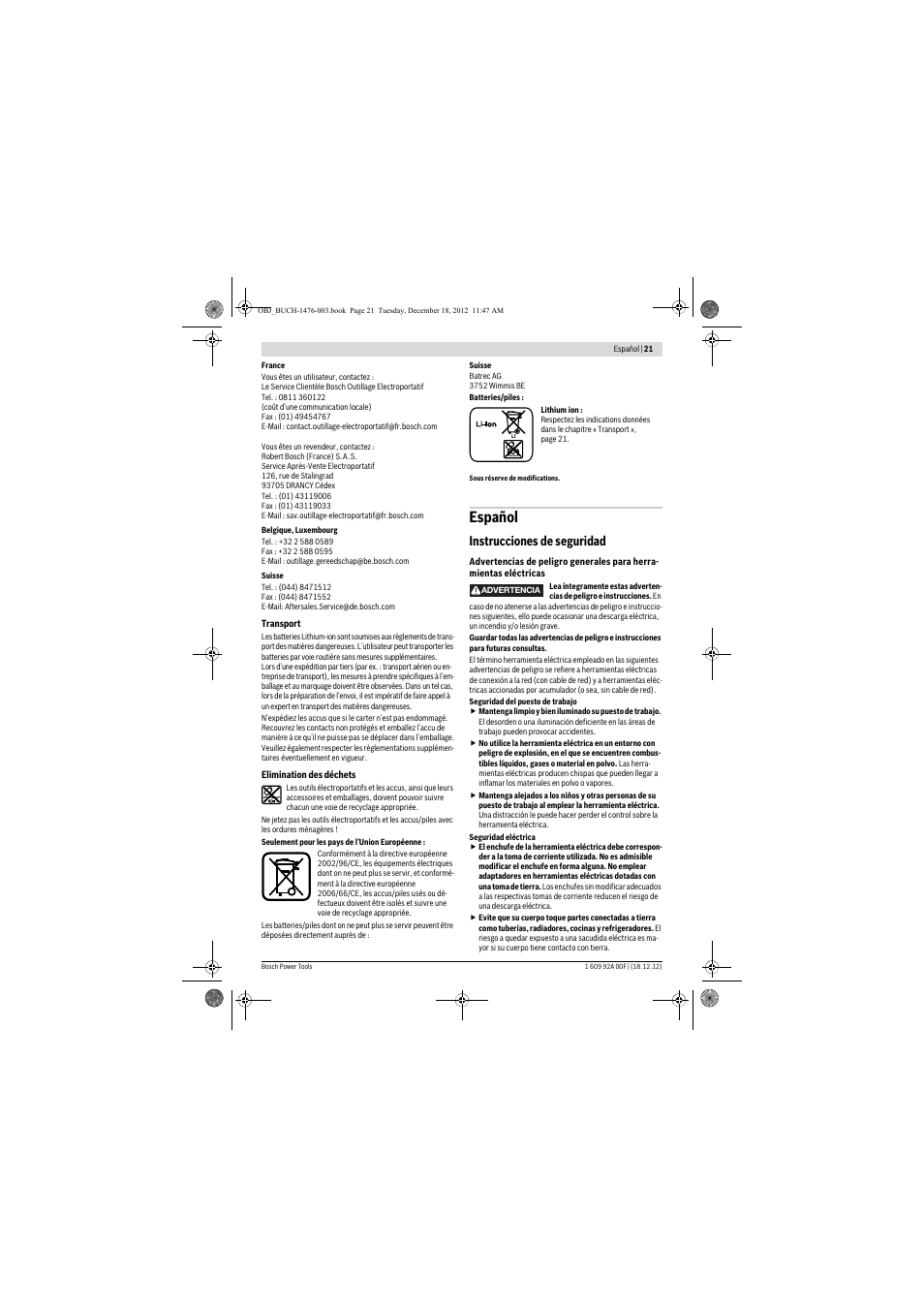 Español, Instrucciones de seguridad | Bosch GWB 10,8-LI Professional User Manual | Page 21 / 153