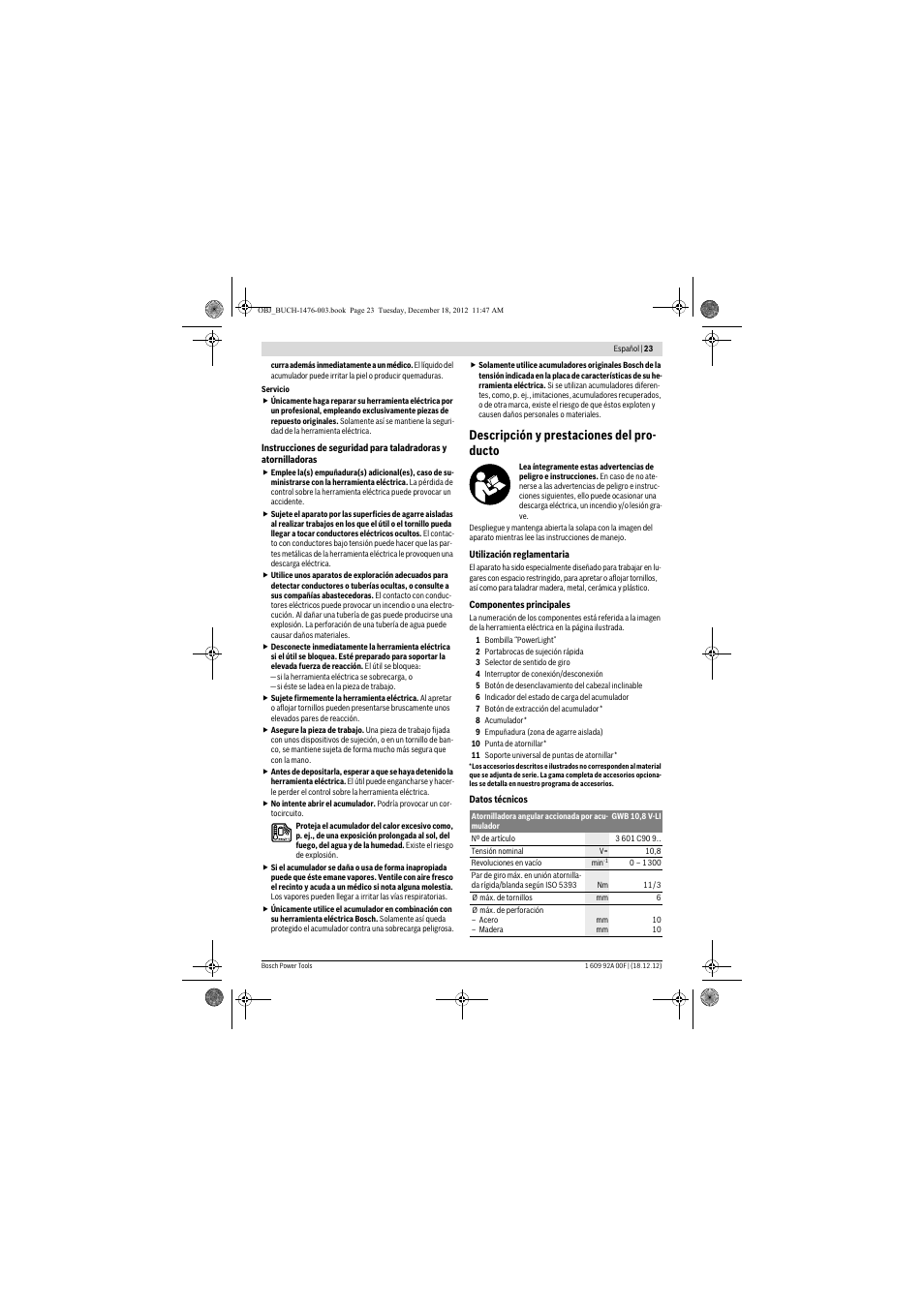 Descripción y prestaciones del pro- ducto | Bosch GWB 10,8-LI Professional User Manual | Page 23 / 153