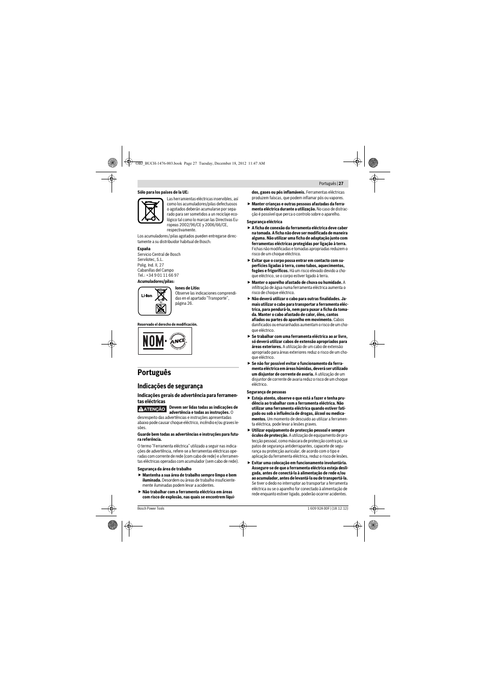 Português, Indicações de segurança | Bosch GWB 10,8-LI Professional User Manual | Page 27 / 153