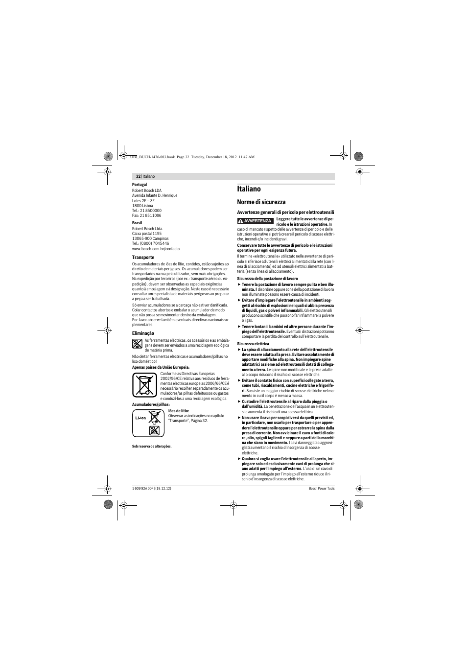 Italiano, Norme di sicurezza | Bosch GWB 10,8-LI Professional User Manual | Page 32 / 153