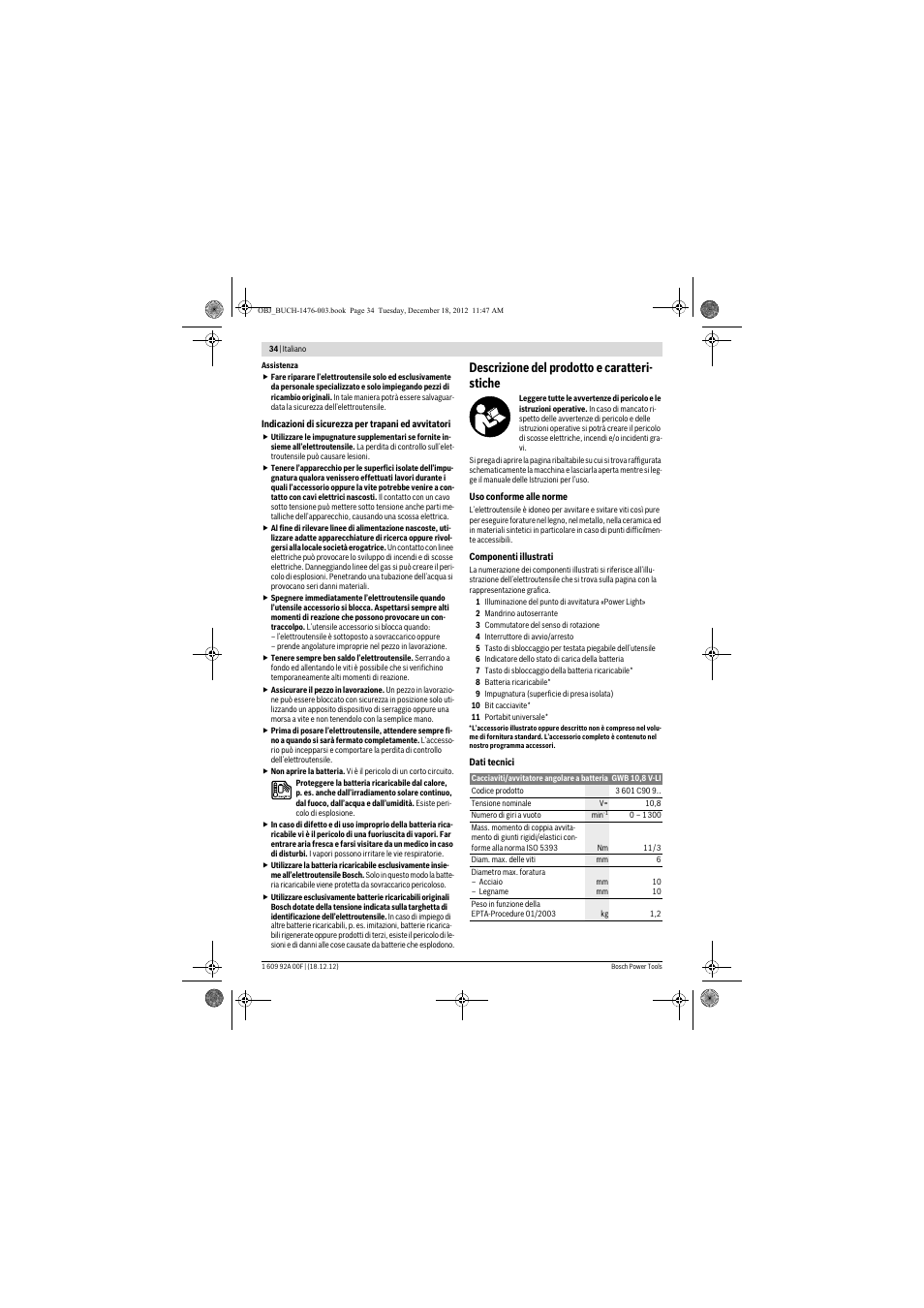 Descrizione del prodotto e caratteri- stiche | Bosch GWB 10,8-LI Professional User Manual | Page 34 / 153