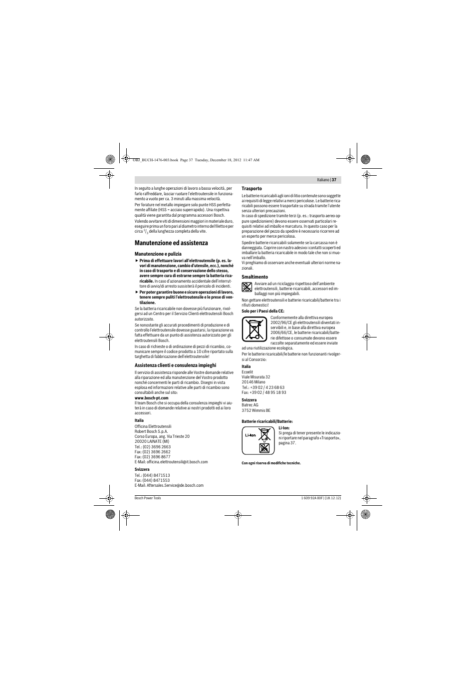 Manutenzione ed assistenza | Bosch GWB 10,8-LI Professional User Manual | Page 37 / 153