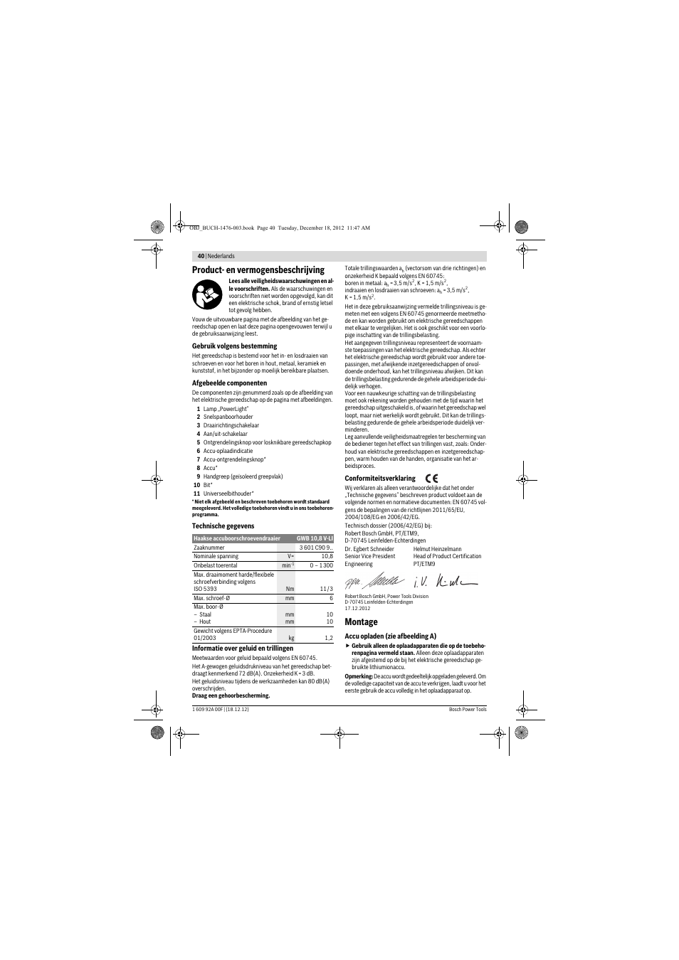 Product- en vermogensbeschrijving, Montage | Bosch GWB 10,8-LI Professional User Manual | Page 40 / 153