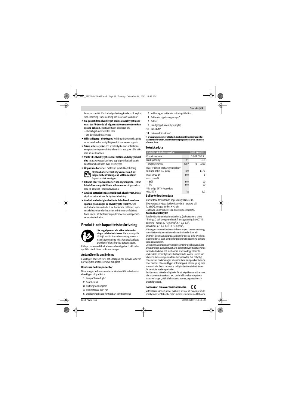 Produkt- och kapacitetsbeskrivning | Bosch GWB 10,8-LI Professional User Manual | Page 49 / 153