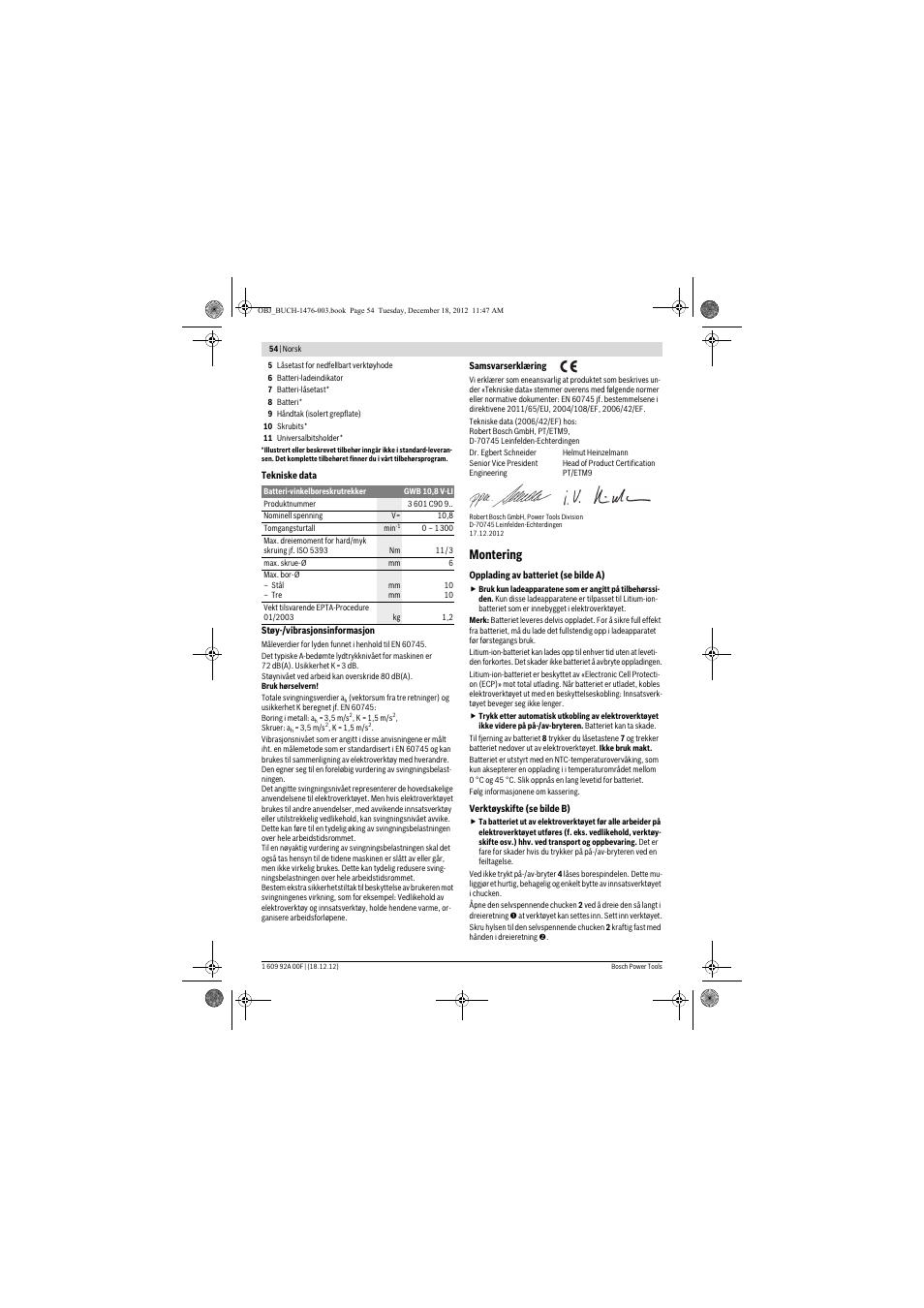 Montering | Bosch GWB 10,8-LI Professional User Manual | Page 54 / 153