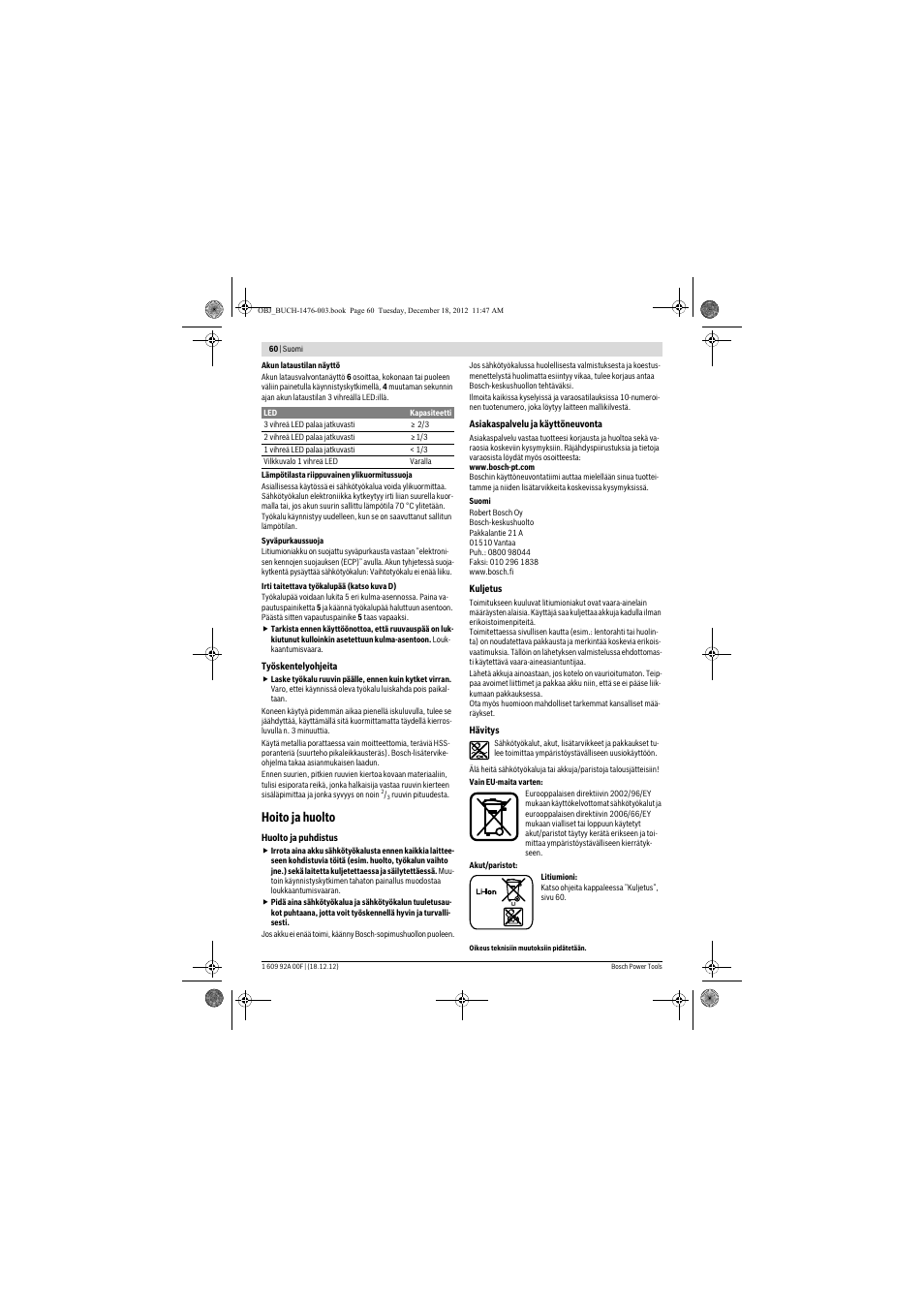 Hoito ja huolto | Bosch GWB 10,8-LI Professional User Manual | Page 60 / 153