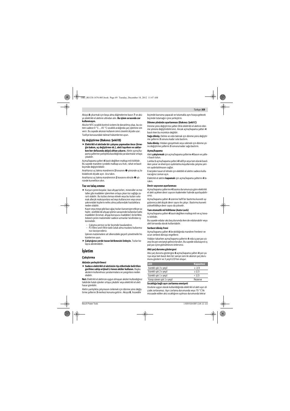 Işletim | Bosch GWB 10,8-LI Professional User Manual | Page 69 / 153