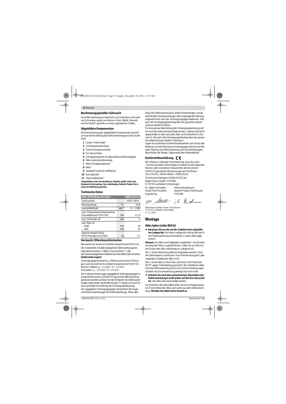 Montage | Bosch GWB 10,8-LI Professional User Manual | Page 8 / 153