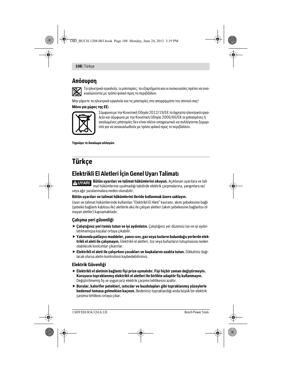 Türkçe, Απόσυρση, Elektrikli el aletleri için genel uyarı talimatı | Bosch GSR Mx2Drive  Professional User Manual | Page 108 / 280
