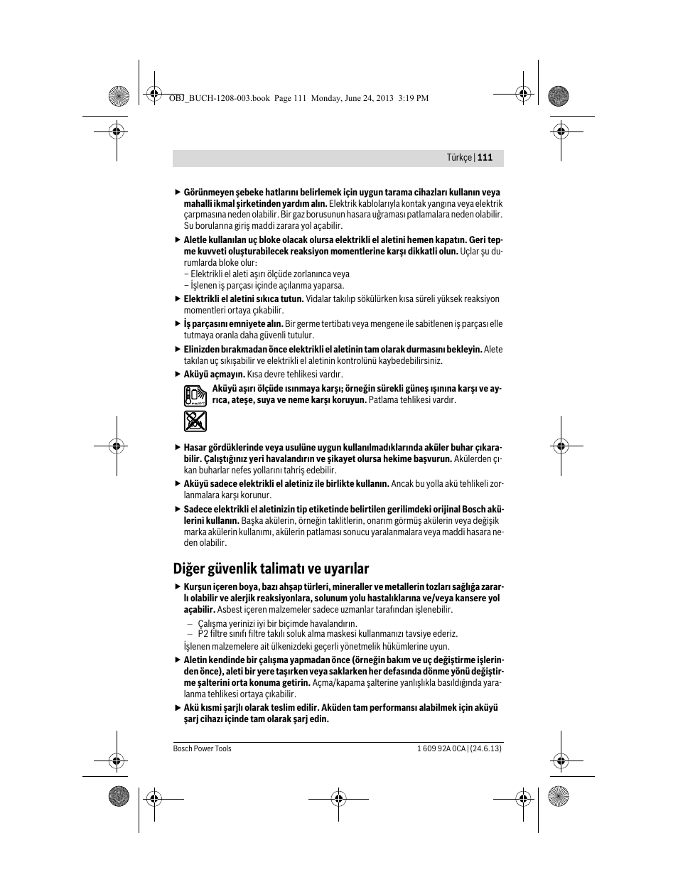 Diğer güvenlik talimatı ve uyarılar | Bosch GSR Mx2Drive  Professional User Manual | Page 111 / 280