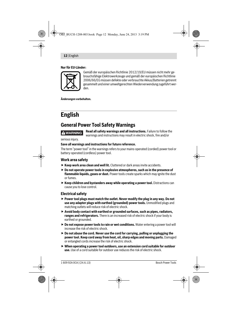 English, General power tool safety warnings | Bosch GSR Mx2Drive  Professional User Manual | Page 12 / 280