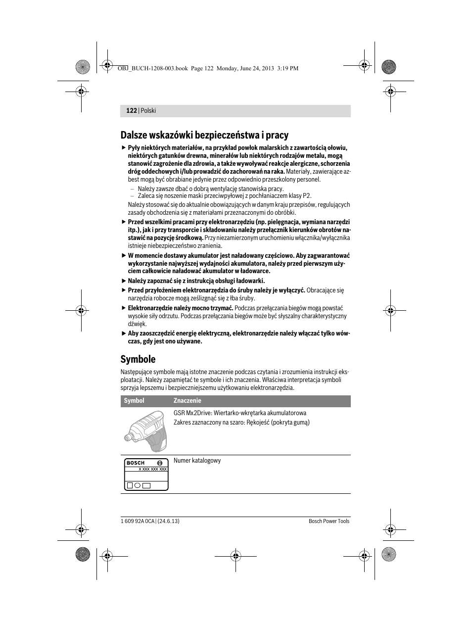 Dalsze wskazówki bezpieczeństwa i pracy, Symbole | Bosch GSR Mx2Drive  Professional User Manual | Page 122 / 280