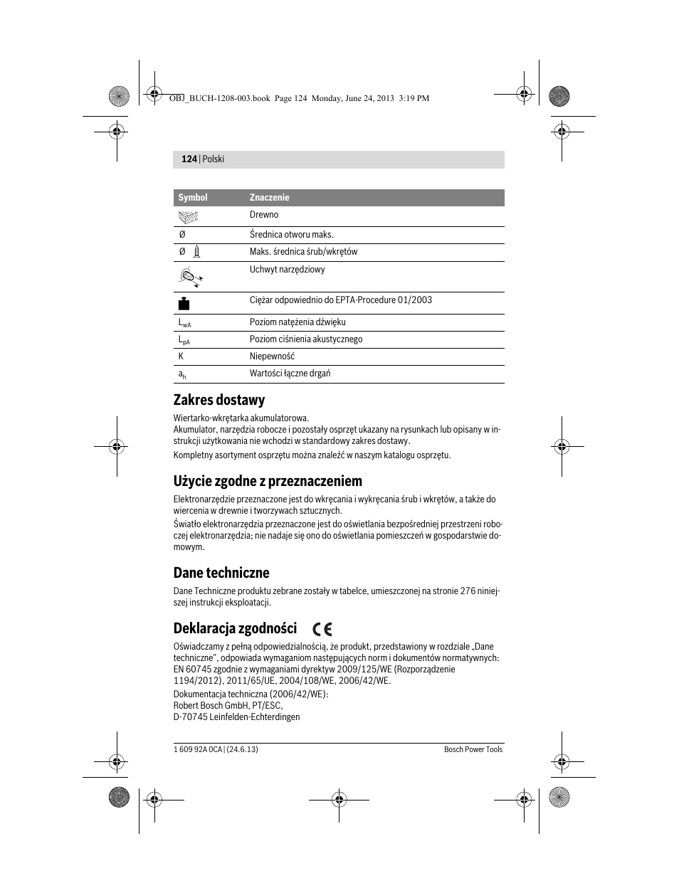 Zakres dostawy, Użycie zgodne z przeznaczeniem, Dane techniczne | Deklaracja zgodności | Bosch GSR Mx2Drive  Professional User Manual | Page 124 / 280