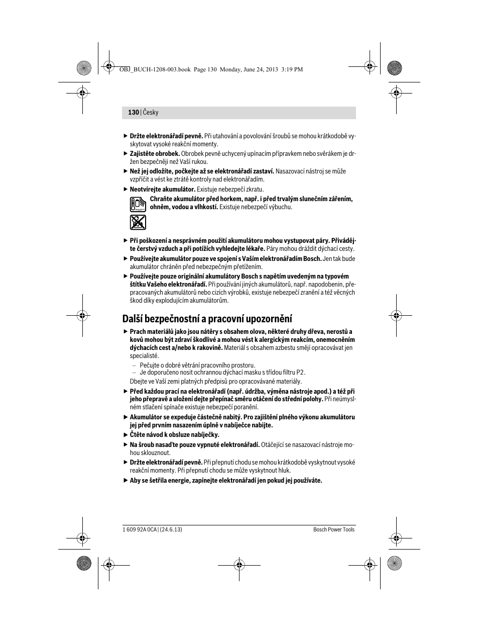 Další bezpečnostní a pracovní upozornění | Bosch GSR Mx2Drive  Professional User Manual | Page 130 / 280
