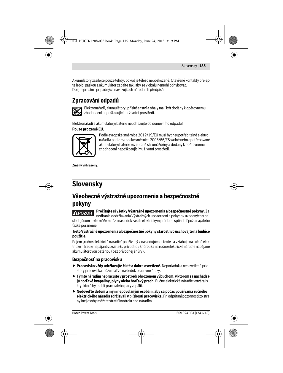 Slovensky, Zpracování odpadů | Bosch GSR Mx2Drive  Professional User Manual | Page 135 / 280