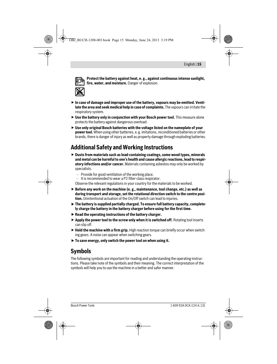Additional safety and working instructions, Symbols | Bosch GSR Mx2Drive  Professional User Manual | Page 15 / 280