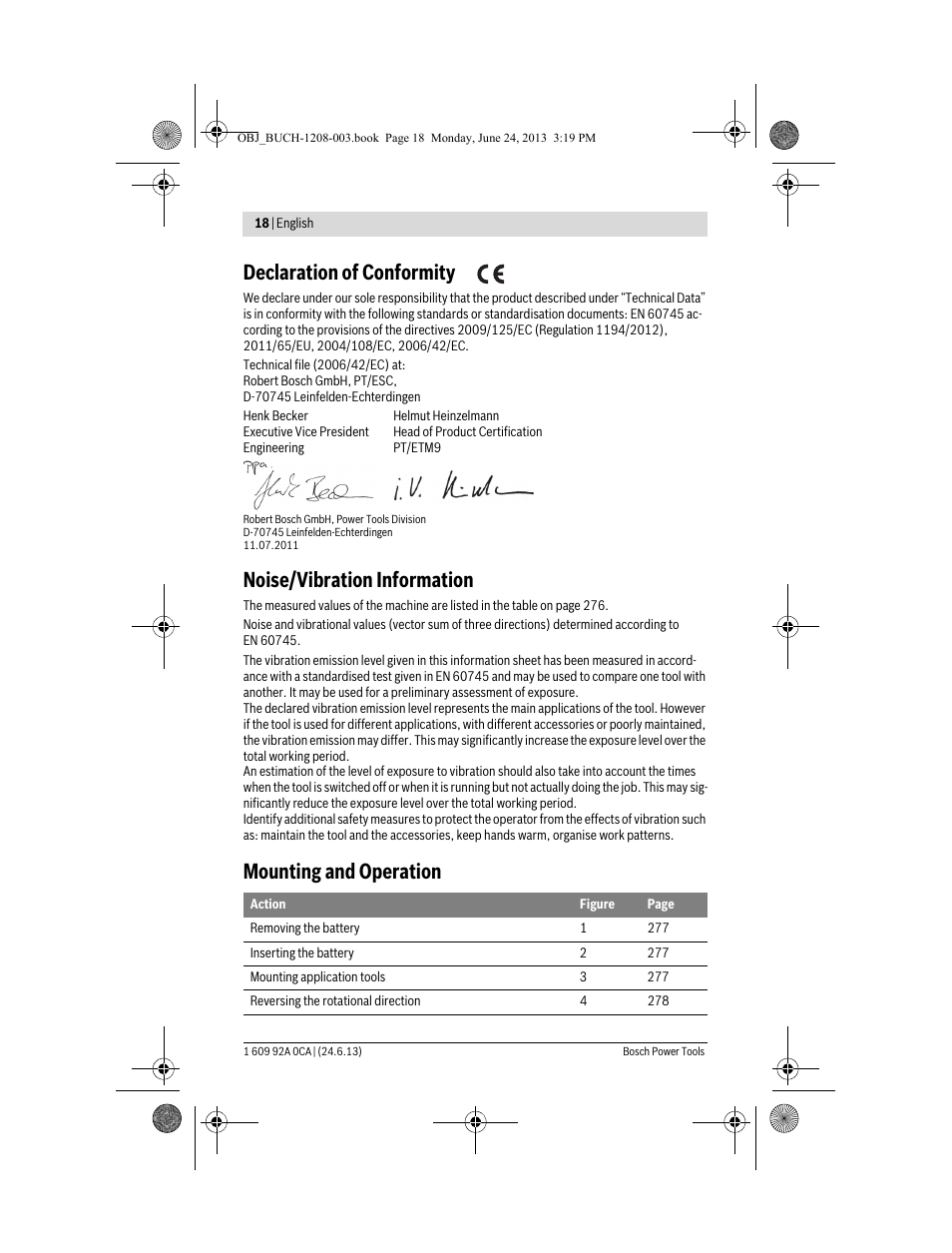 Declaration of conformity, Noise/vibration information, Mounting and operation | Bosch GSR Mx2Drive  Professional User Manual | Page 18 / 280