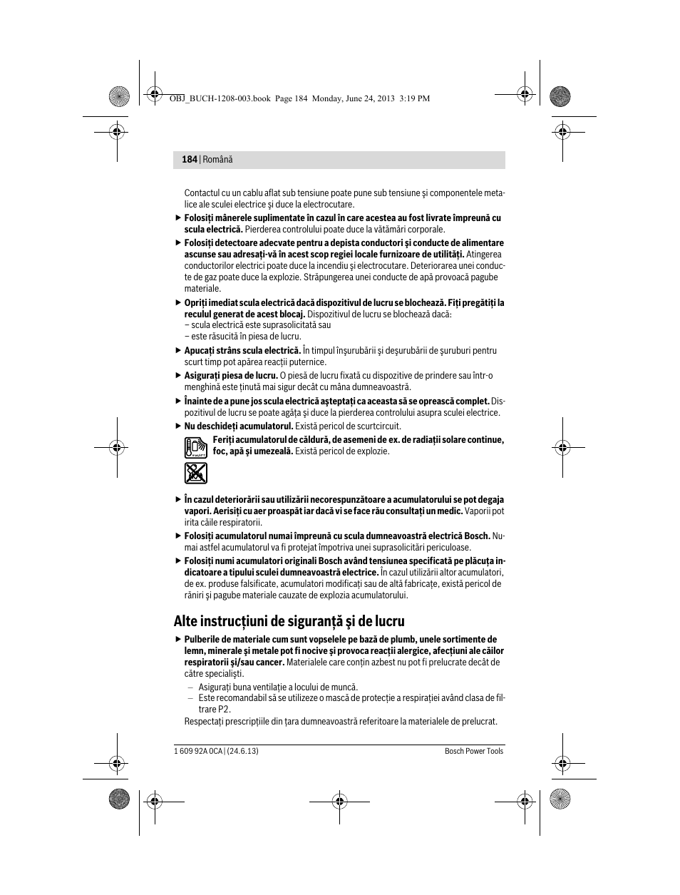 Alte instrucţiuni de siguranţă şi de lucru | Bosch GSR Mx2Drive  Professional User Manual | Page 184 / 280