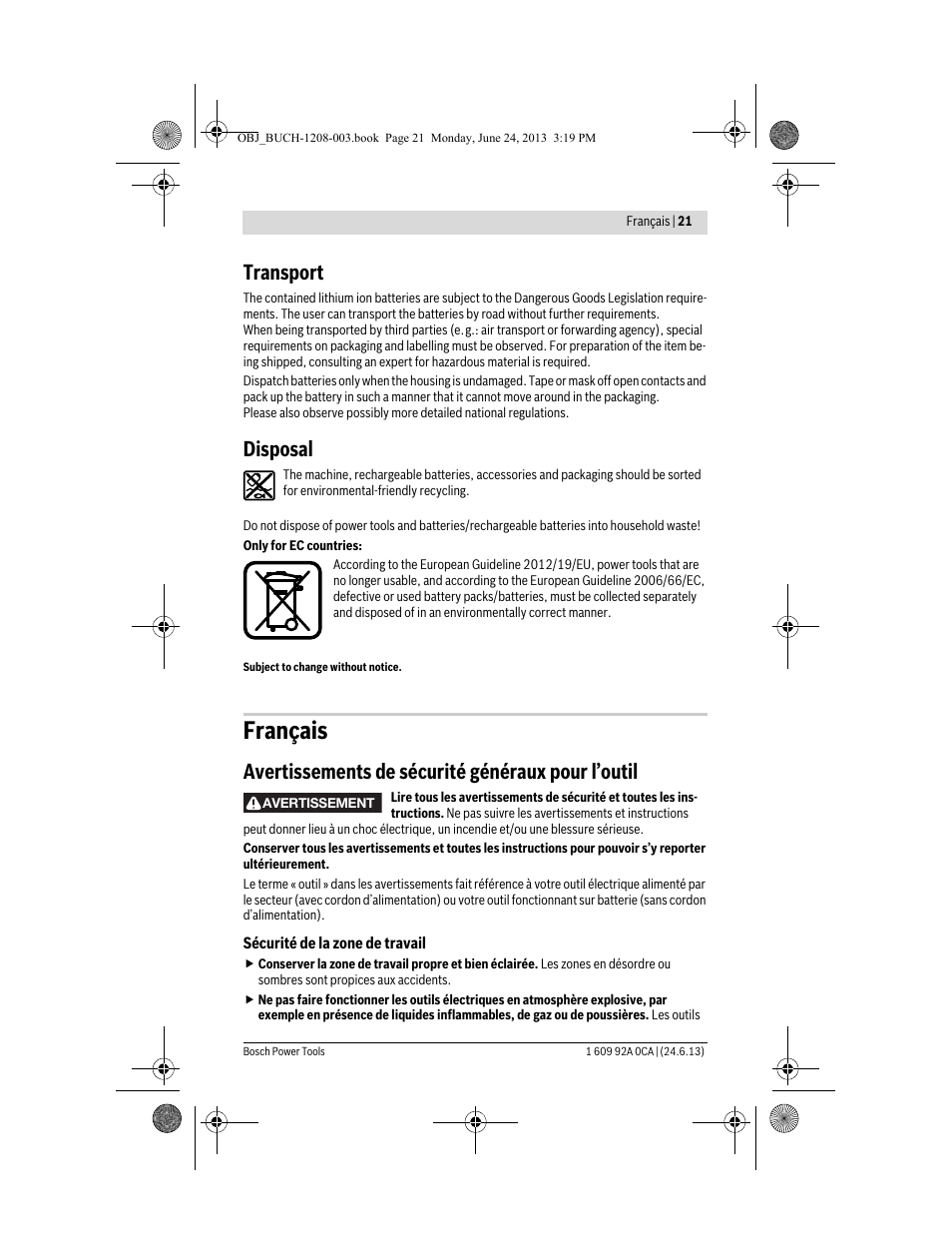 Français, Transport, Disposal | Avertissements de sécurité généraux pour l’outil | Bosch GSR Mx2Drive  Professional User Manual | Page 21 / 280