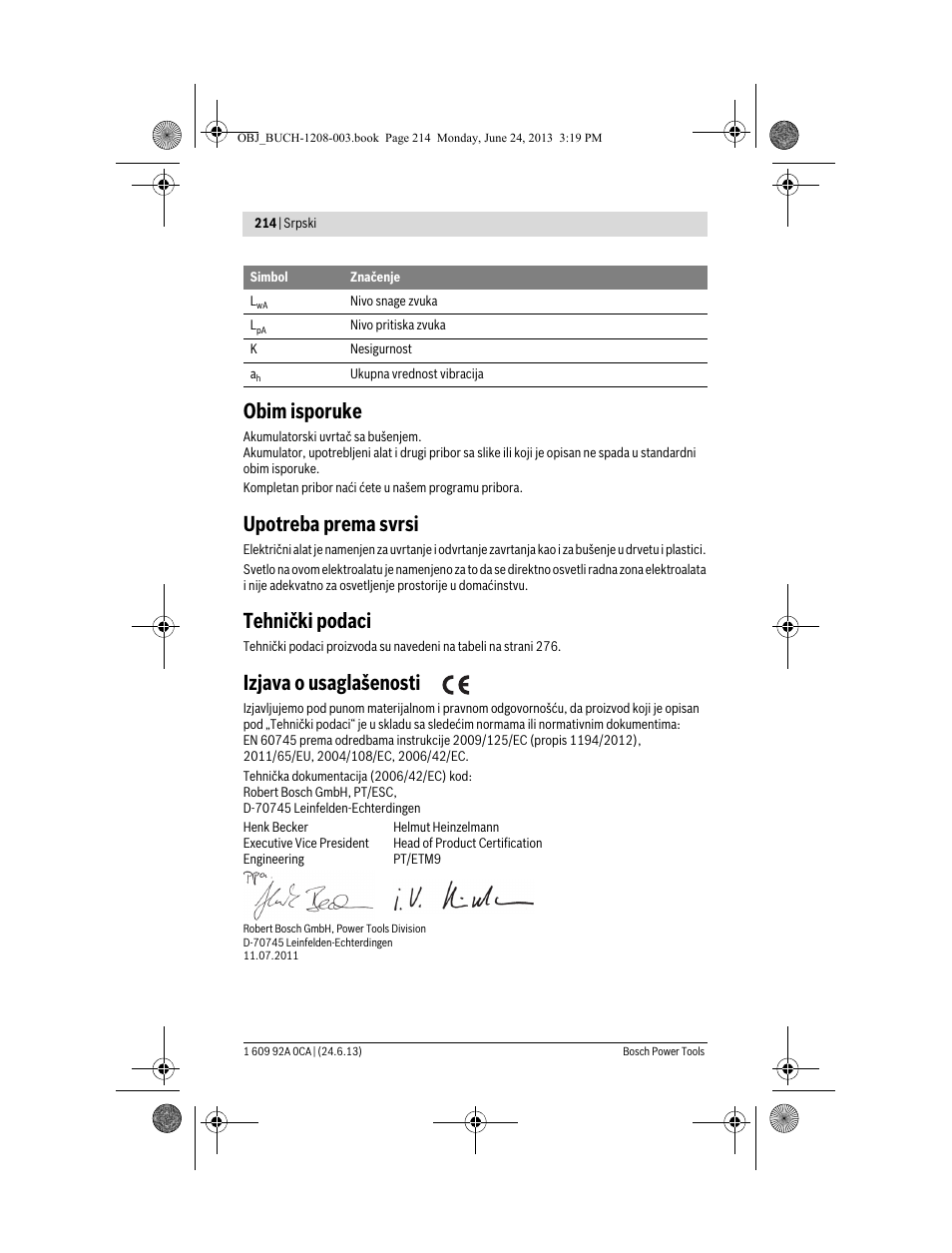 Obim isporuke, Upotreba prema svrsi, Tehnički podaci | Izjava o usaglašenosti | Bosch GSR Mx2Drive  Professional User Manual | Page 214 / 280