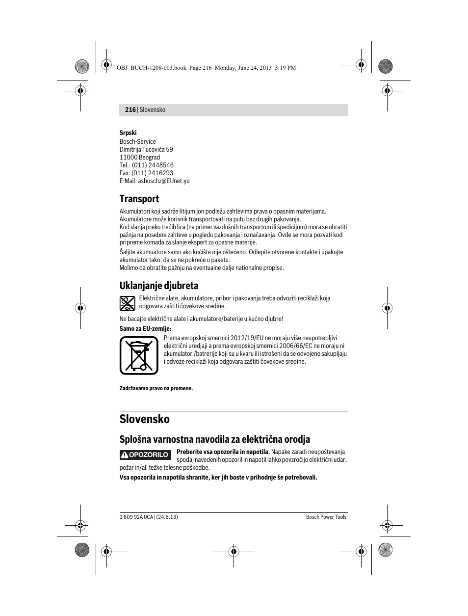Slovensko, Transport, Uklanjanje djubreta | Splošna varnostna navodila za električna orodja | Bosch GSR Mx2Drive  Professional User Manual | Page 216 / 280