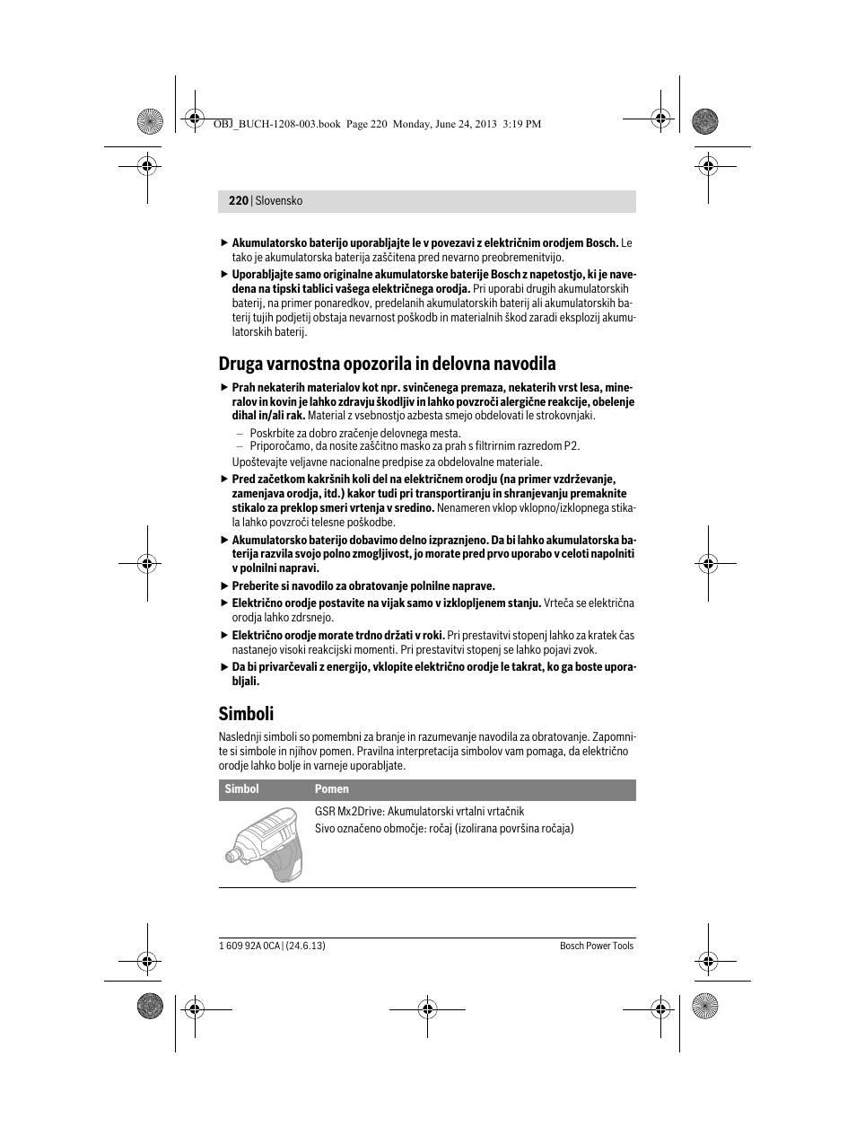 Druga varnostna opozorila in delovna navodila, Simboli | Bosch GSR Mx2Drive  Professional User Manual | Page 220 / 280